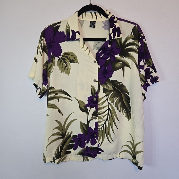 Favant Hawaii Purple Floral Cream Hawaiian Button-Up - Picture 1 of 6